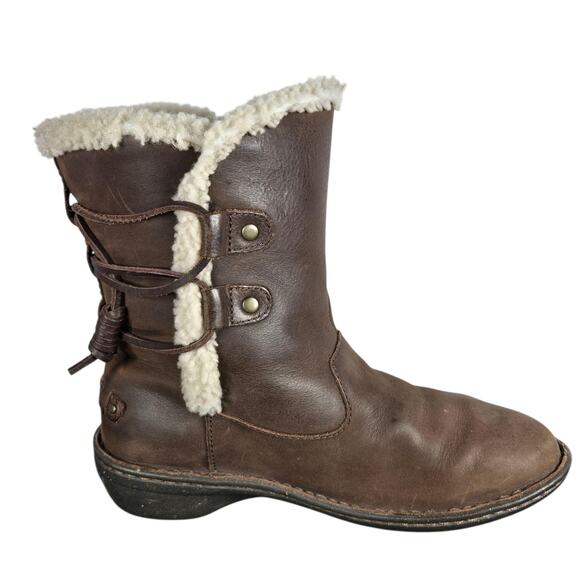 UGG Akadia Boots Womens 7 Stout Brown Leather Shearling Boots Mid Calf Back Lace - Picture 2 of 12